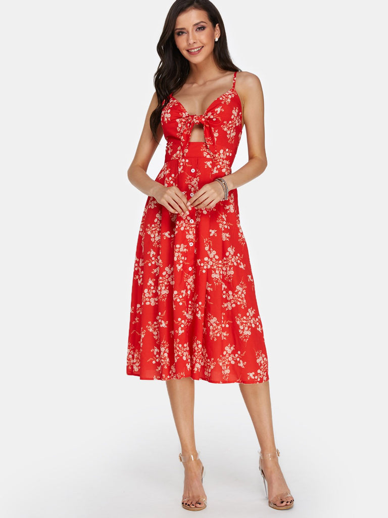 Red V-Neck Sleeveless Floral Print Backless Lace-Up Dresses