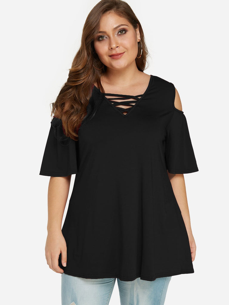 V-Neck Cold Shoulder Plain Hollow Short Sleeve Black Plus Size Tops