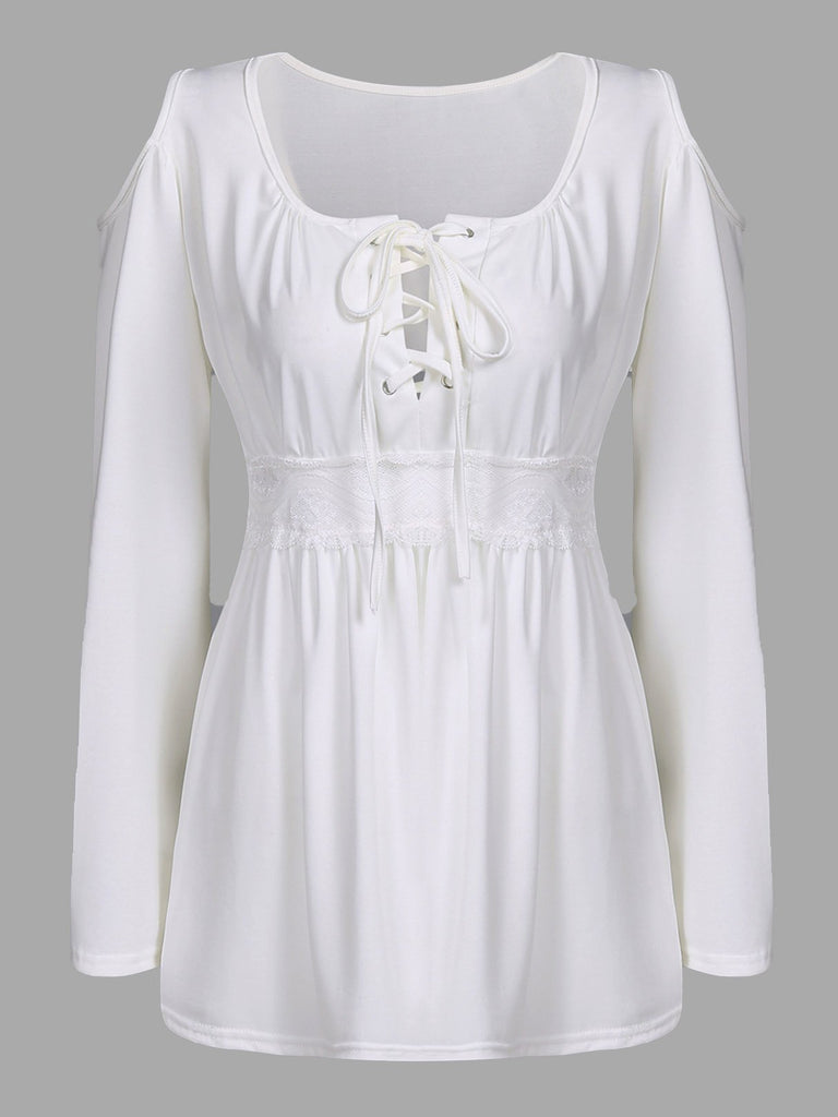 Cold Shoulder Lace Long Sleeve White T-Shirts