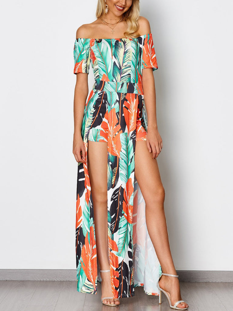 Random Tropical Off The Shoulder Short Sleeve Slit Hem Dresses