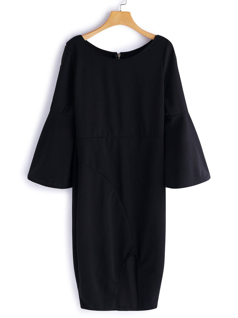 Black Round Neck Plain Zip Back Slit Hem Midi Dress