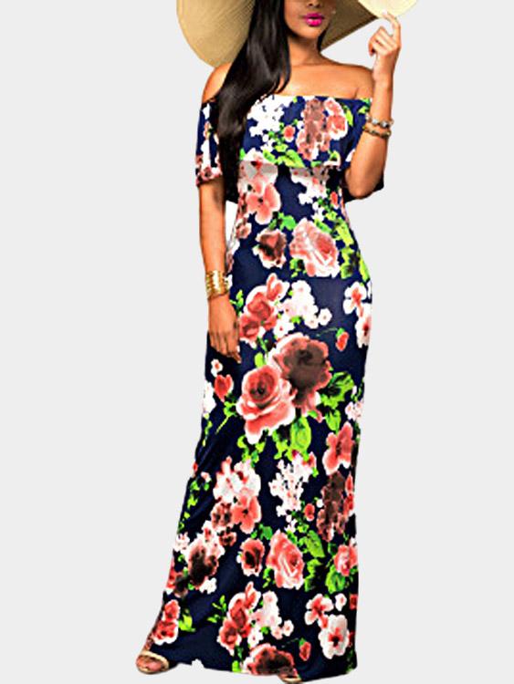 Navy Off The Shoulder Floral Print Dresses