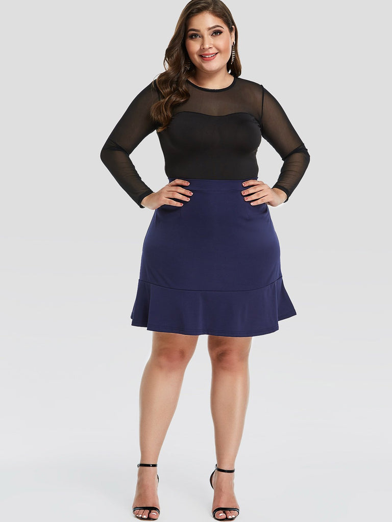 Plain Flounced Hem Blue Plus Size Bottoms