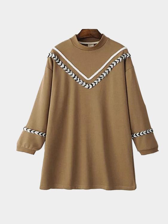 Khaki Crew Neck Long Sleeve Mini Dress