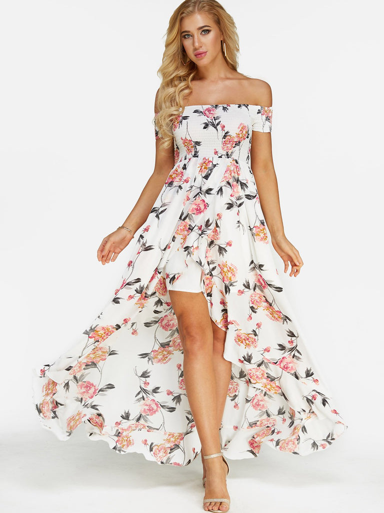 White Off The Shoulder Sleeveless Floral Print Backless Maxi Dresses
