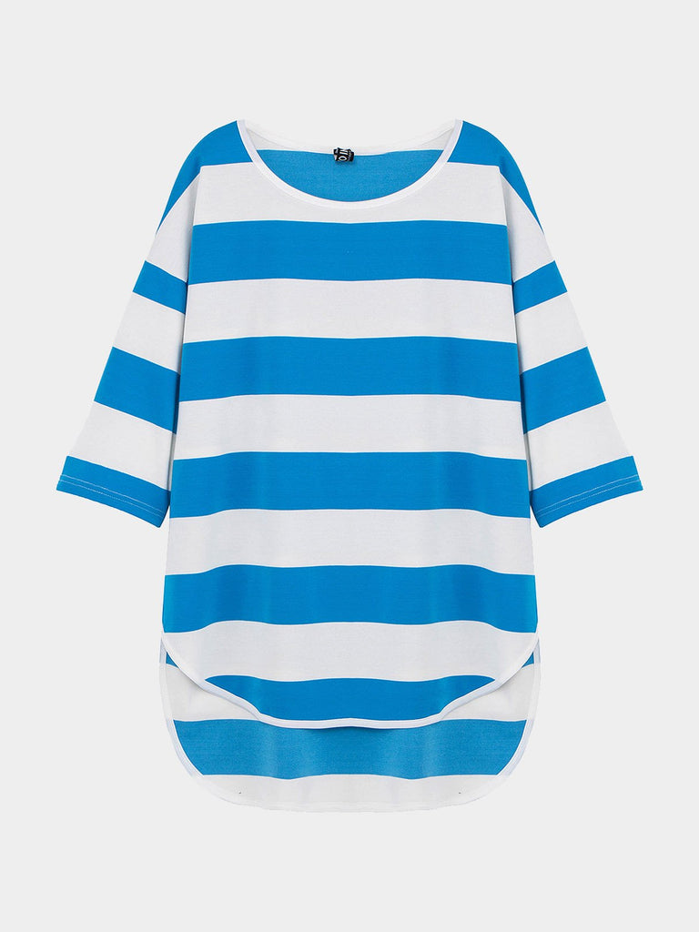 Round Neck Stripe Half Sleeve Irregular Hem Top