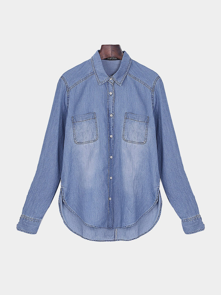 Long Sleeve Curved Hem Blue Blouse
