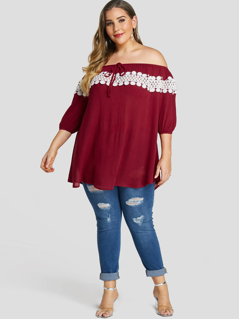 Off The Shoulder Crochet Lace Embellished 3/4 Sleeve Red Plus Size Tops