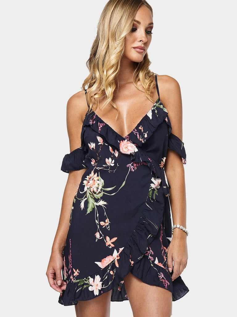 V-Neck Short Sleeve Floral Print Backless Wrap Dresses