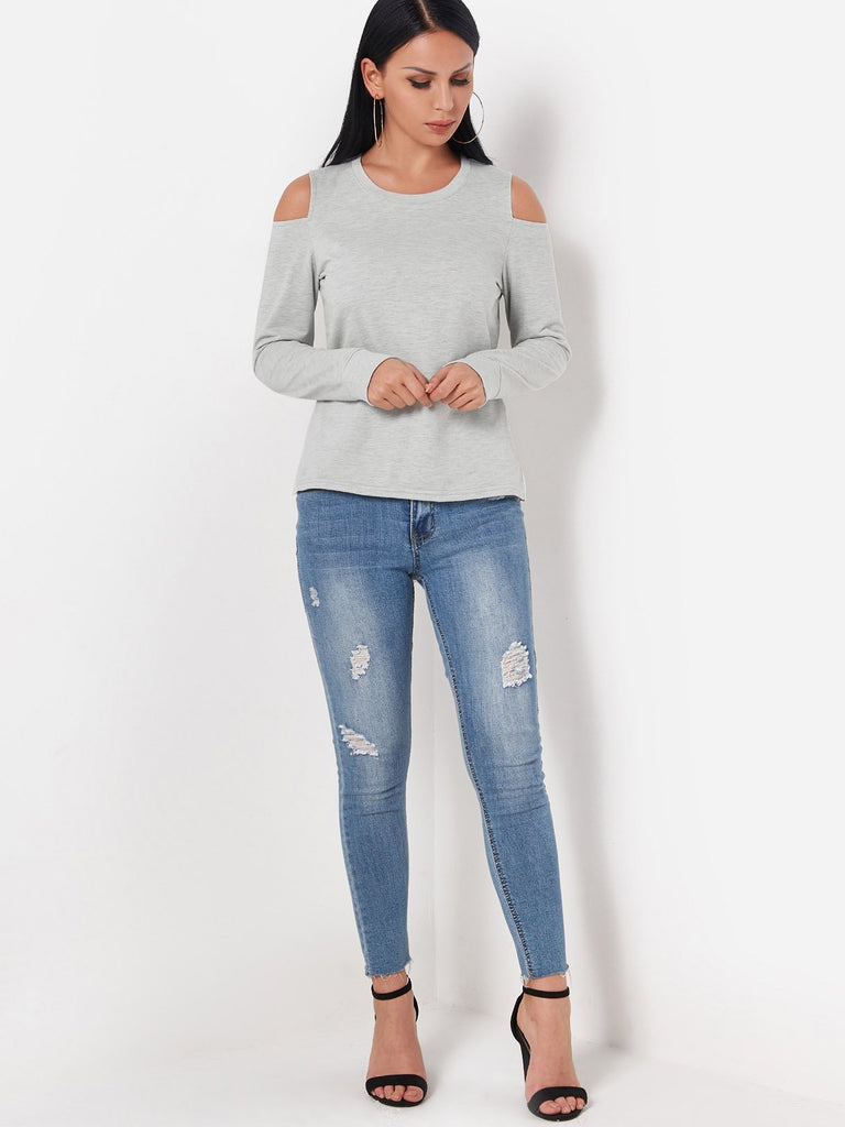 Crew Neck Cold Shoulder Long Sleeve Grey Top