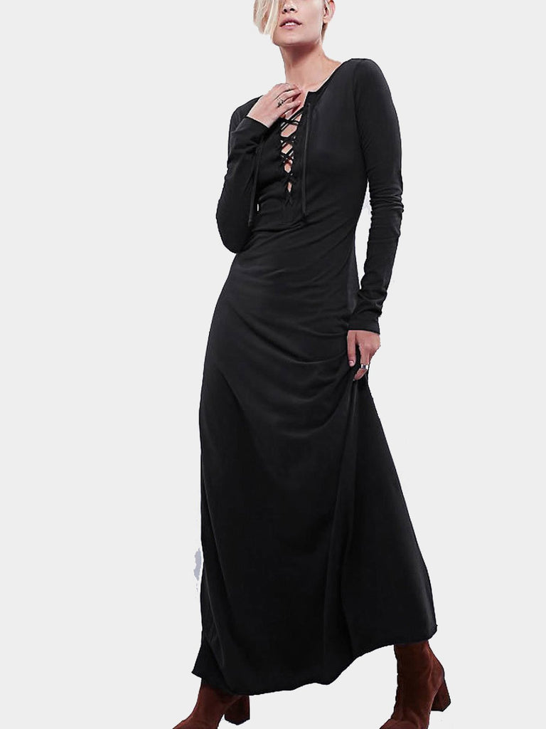 Black V-Neck Long Sleeve Maxi Dress