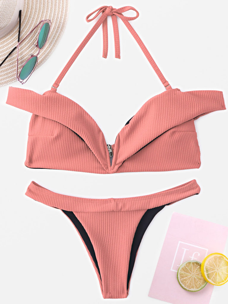 V-Neck Plain Tie-Up Sleeveless Pink Bikinis
