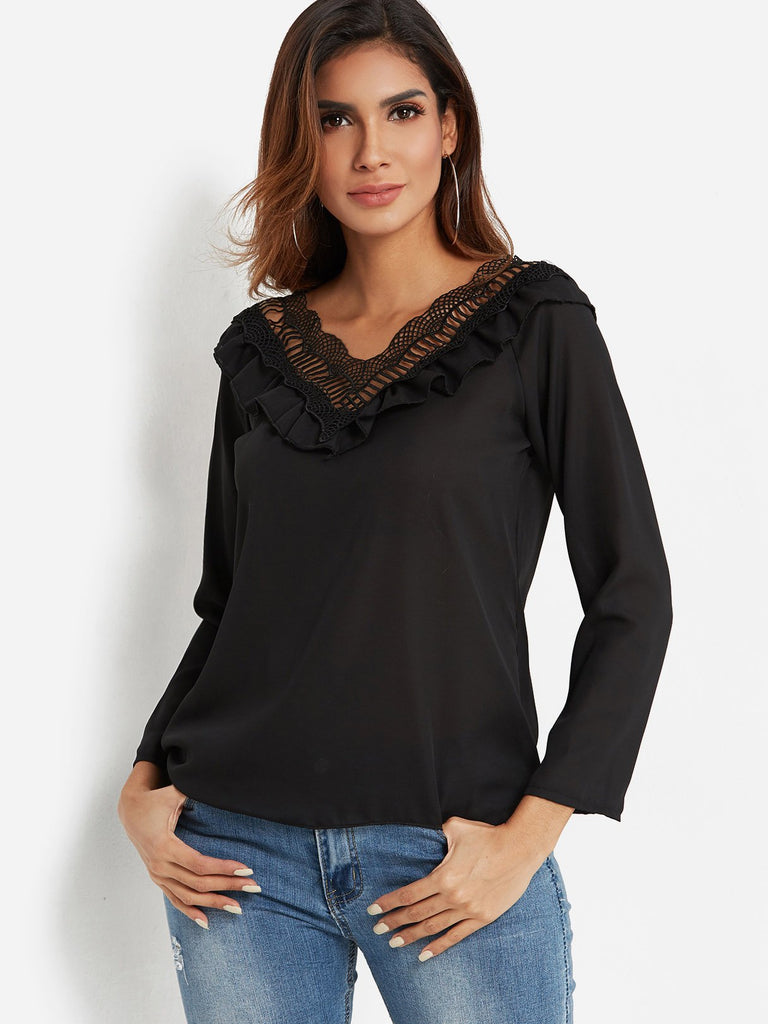 V-Neck Long Sleeve Lettuce-Edge Black Top