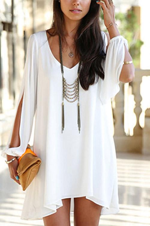 White V-Neck Long Sleeve Chiffon Dresses