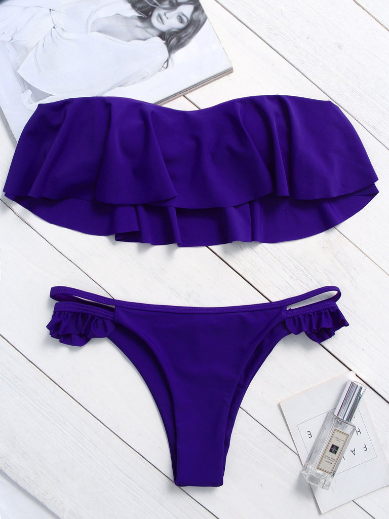 Royal Off The Shoulder Sleeveless Plain Ruffle Hem Bikinis