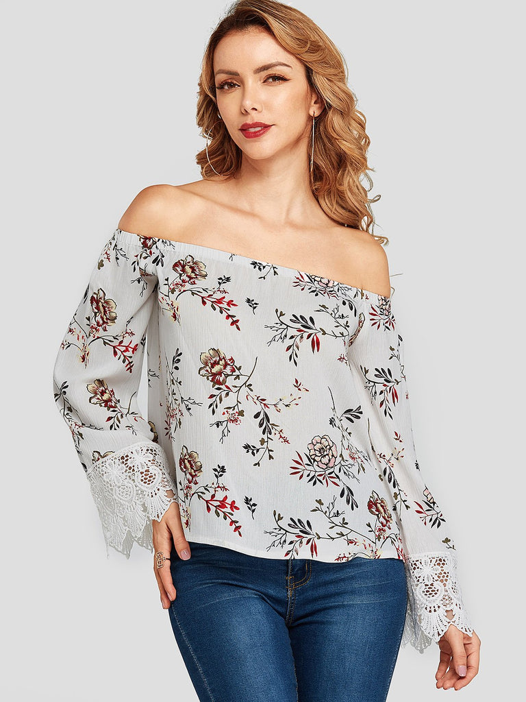 Floral Print Lace Insert Long Sleeve White Blouses