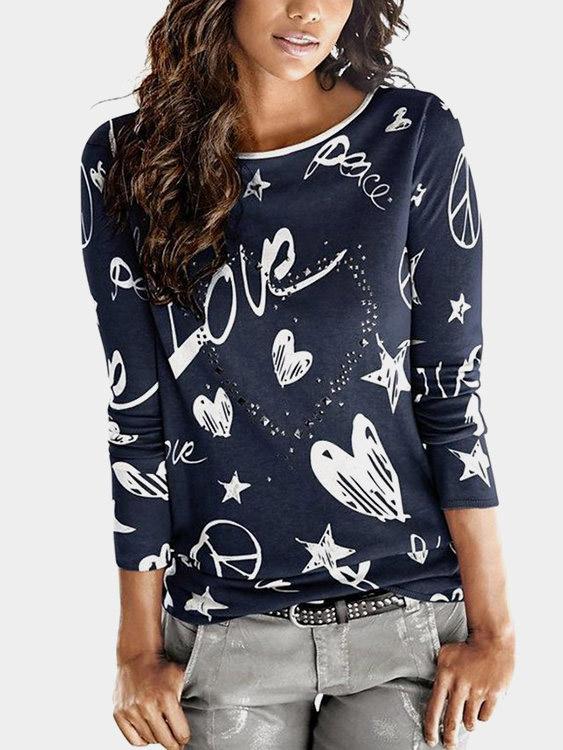 Round Neck Printed Long Sleeve Fashion Tee