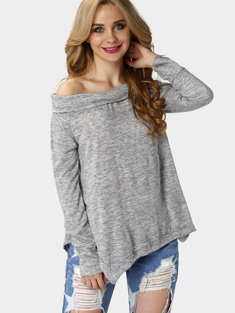 Grey Bateau Off The Shoulder Long Sleeve Irregular Hem T-Shirts