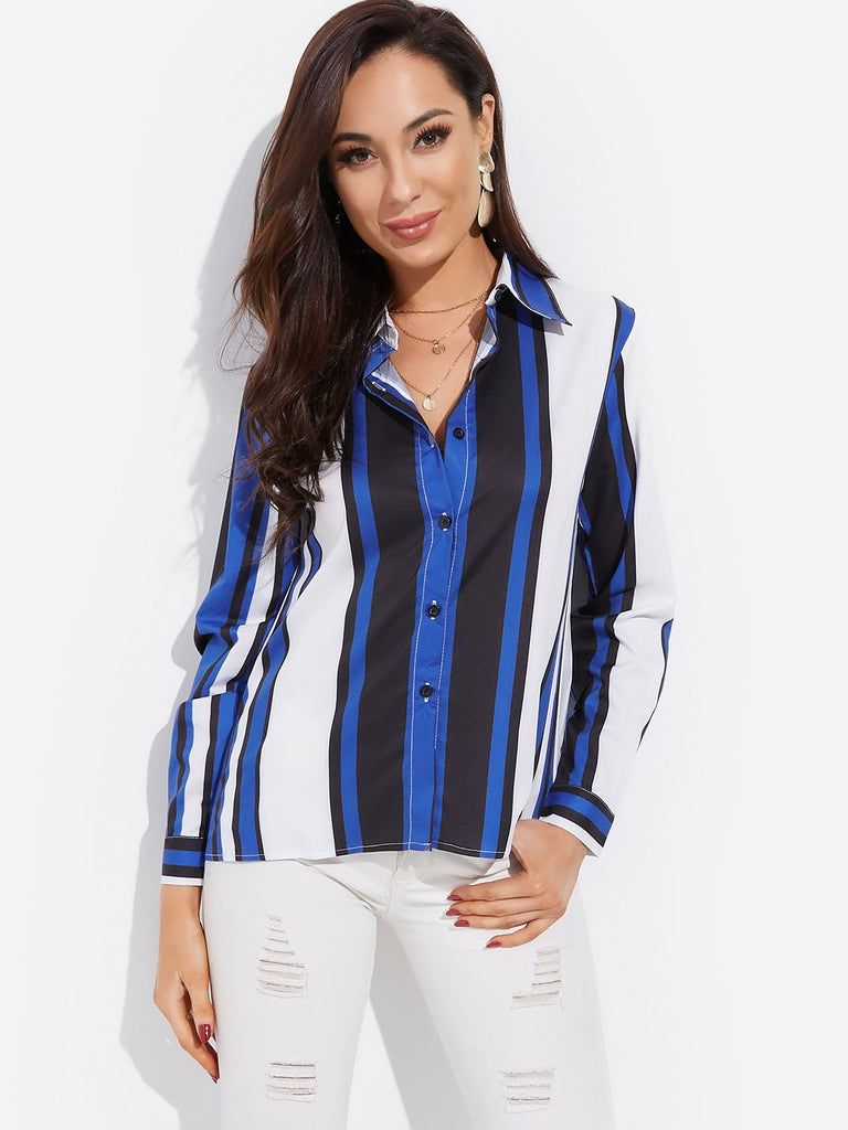 Lapel Collar Stripe Printed Long Sleeve Blue Blouses