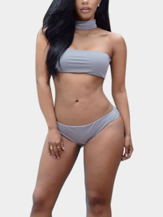 Grey Tube Top Strapless Sleeveless Backless Bodycon Two Piece Bikinis
