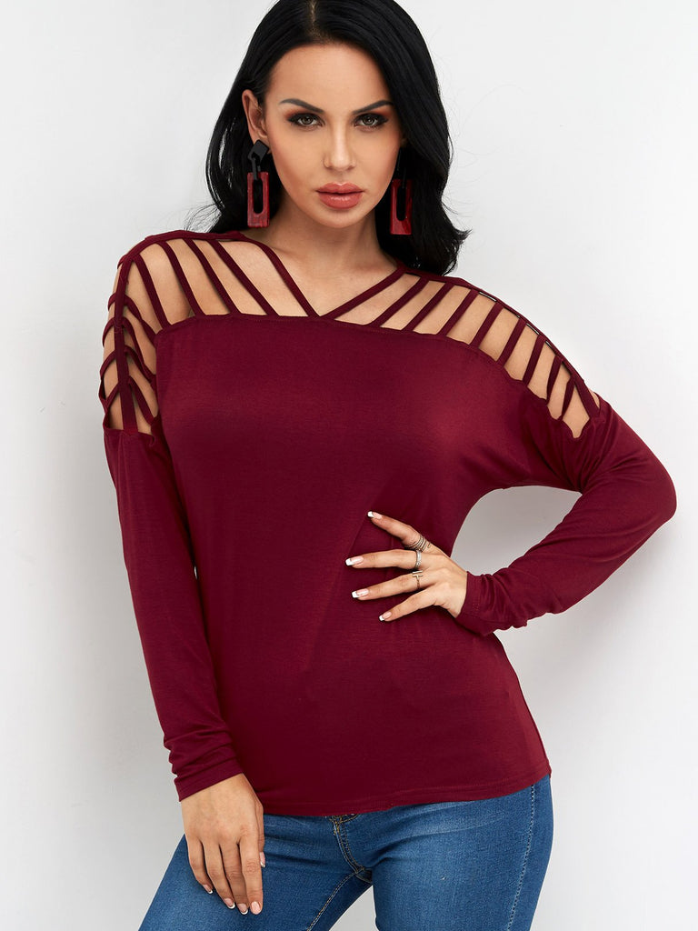 Plain Cut Out Long Sleeve Burgundy T-Shirts