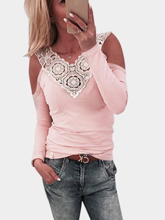 V-Neck Cold Shoulder Lace Hollow Long Sleeve Pink T-Shirts