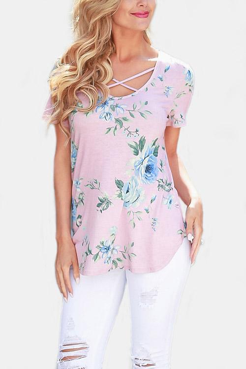 V-Neck Floral Print Short Sleeve Strappy Cross Front Top