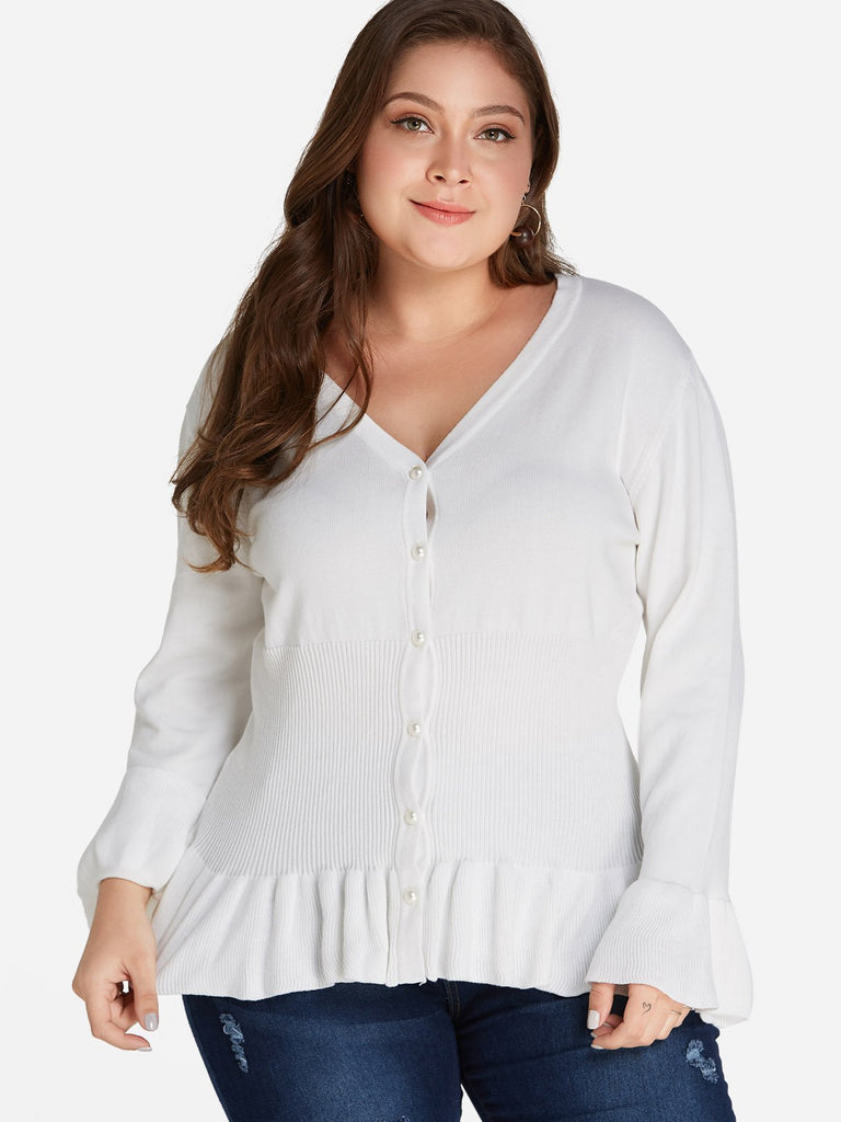 V-Neck Plain Ruffle Trim Long Sleeve Flounced Hem Plus Size Tops