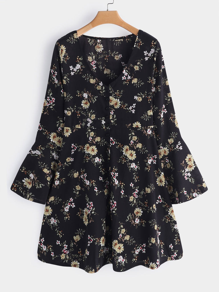 Black V-Neck Long Sleeve Floral Print Dress