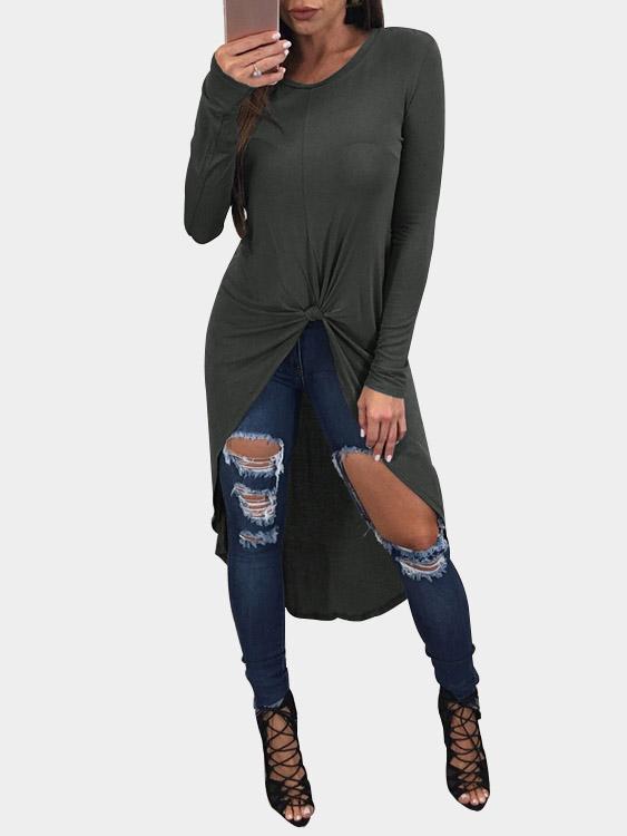 Round Neck Long Sleeve Curved Hem Grey Top