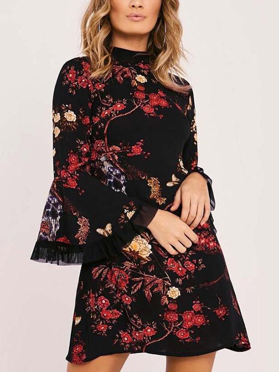 Black Perkins Collar Long Sleeve Floral Print Curved Hem Mini Dresses