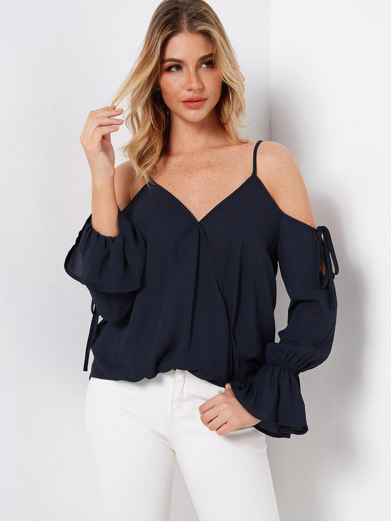 V-Neck Crossed Collar Plain Crossed Front Long Sleeve Navy Blouses