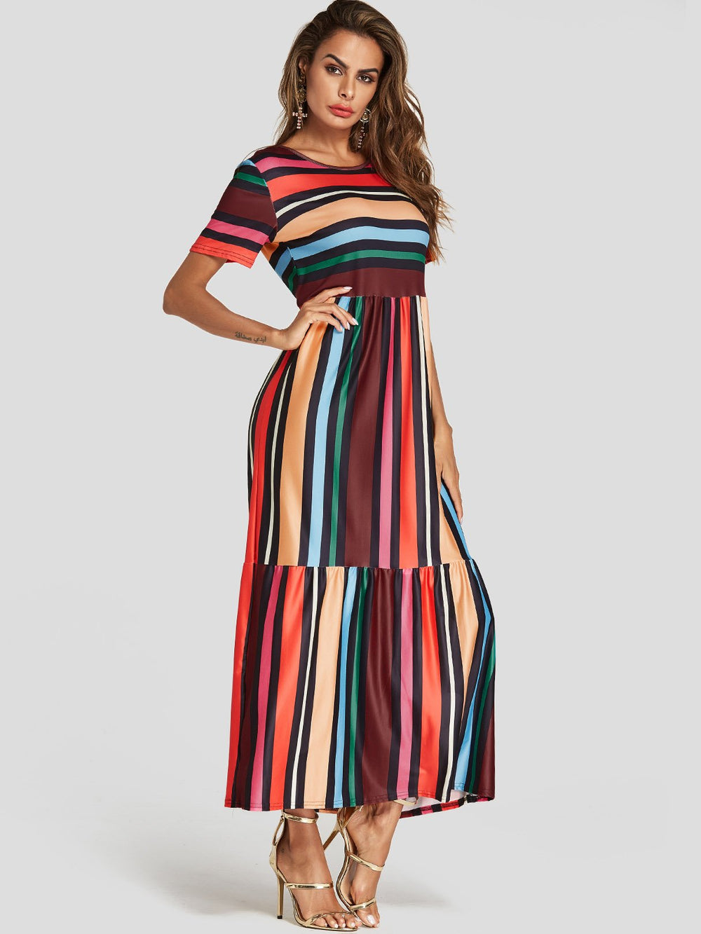 Round Neck Short Sleeve Stripe Flounced Hem Maxi Dress