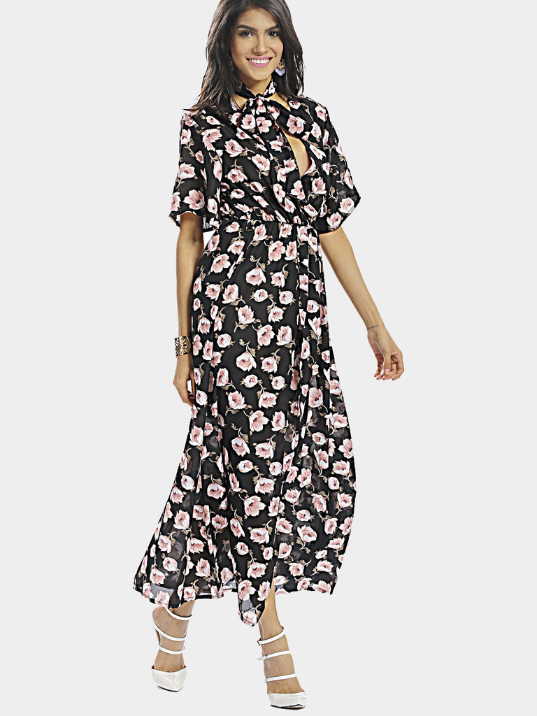 Lace-Up Floral Print Maxi Dresses