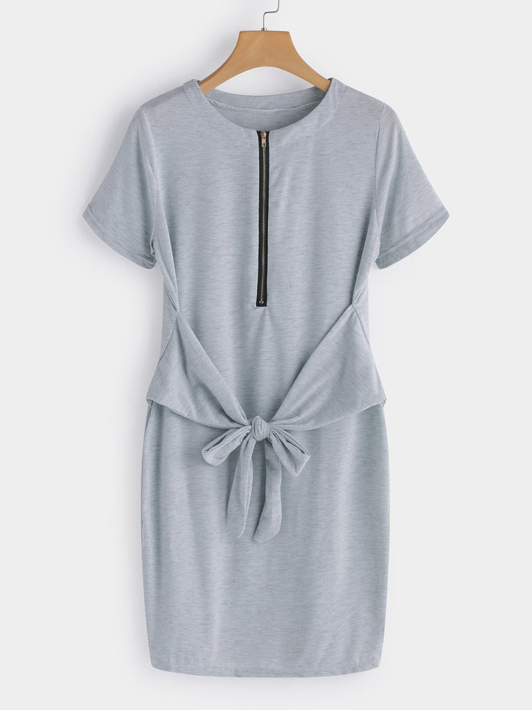Grey Round Neck Short Sleeve Plain Zip Back Self-Tie Mini Dress