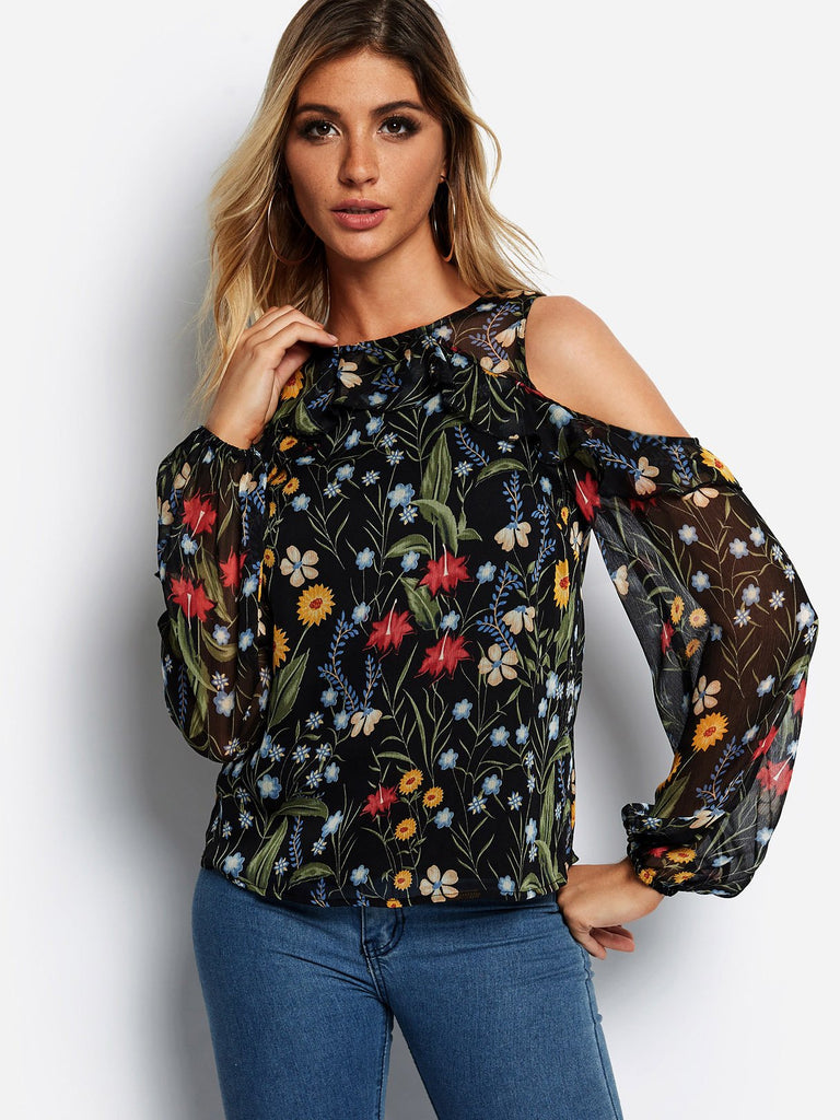 Cold Shoulder Floral Print Cut Out Long Sleeve Flounced Hem Black Blouses