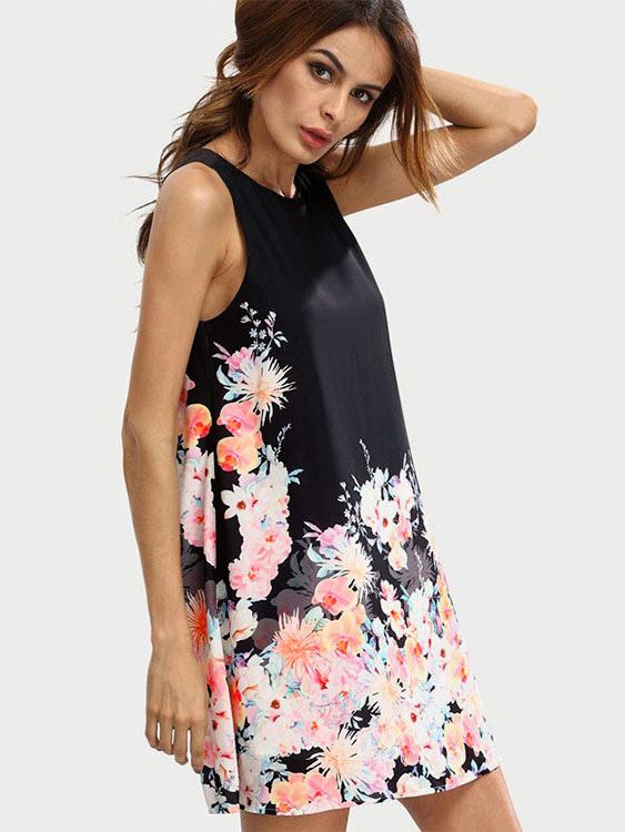 Black Round Neck Floral Print Dresses