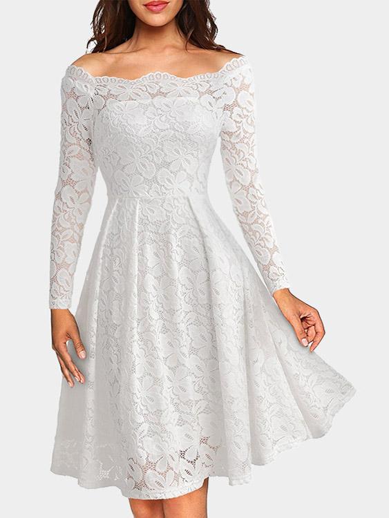 Bateau Long Sleeve Crochet Lace Embellished Sexy Dress