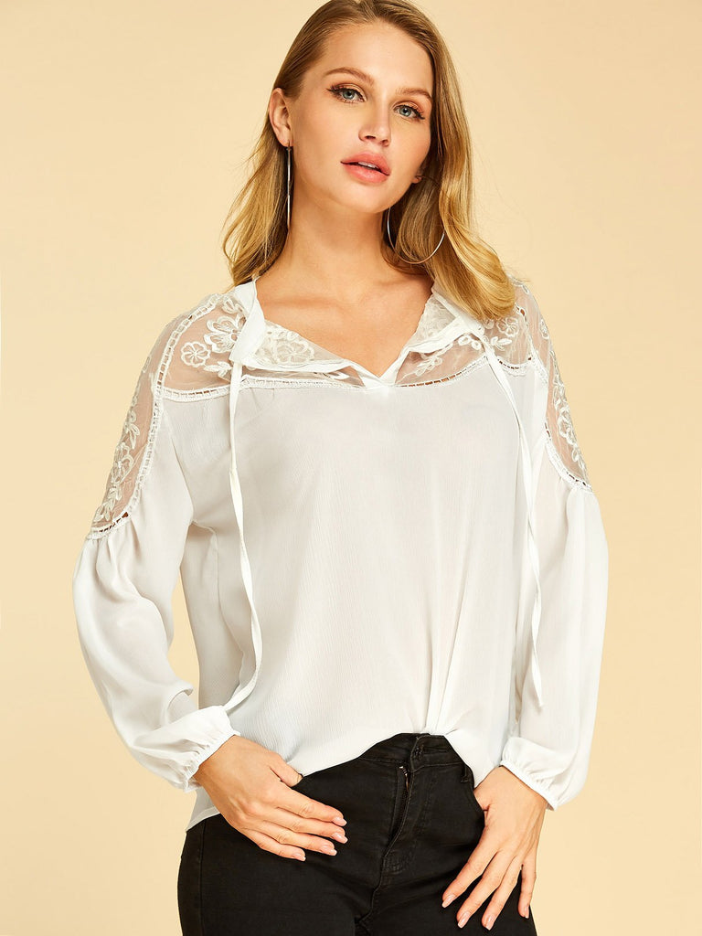 V-Neck Plain Lace Self-Tie Long Sleeve White T-Shirts