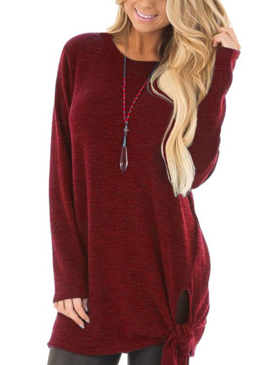 Round Neck Lace-Up Long Sleeve Slit Hem Burgundy T-Shirts