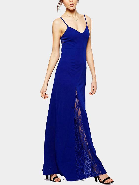Blue V-Neck Sleeveless Lace Maxi Dress