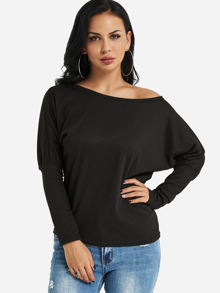 One Shoulder Long Sleeve Black Top