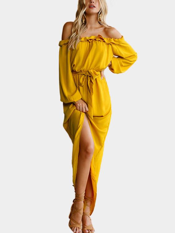Yellow Off The Shoulder Long Sleeve Irregular Slit Hem Maxi Dresses