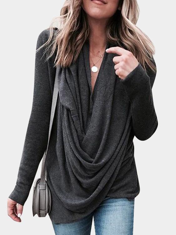 Deep V Neck Plain Pleated Long Sleeve Slit Hem Grey T-Shirts