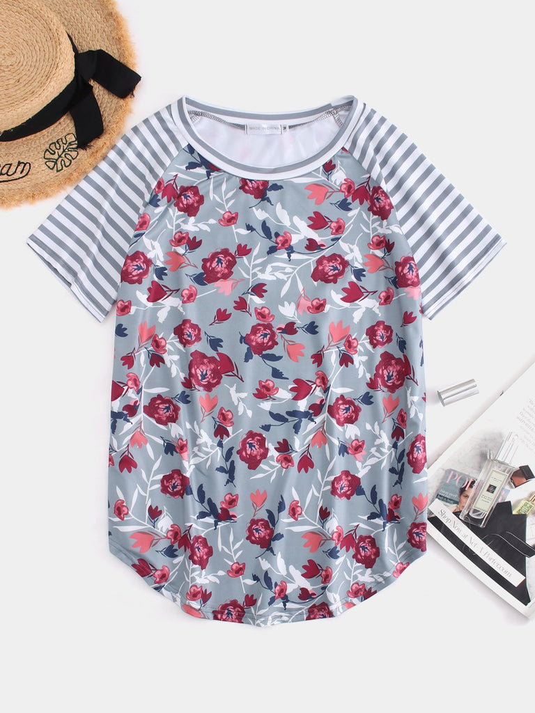 Round Neck Stripe Floral Print Grey T-Shirts