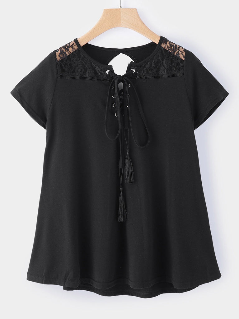 Round Neck Lace Lace-Up Cut Out Short Sleeve Black T-Shirts