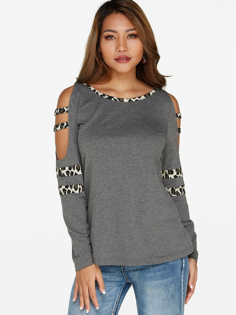 Cold Shoulder Leopard Long Sleeve Grey T-Shirts