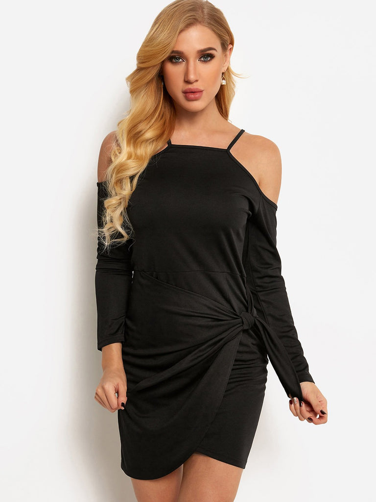 Black Cold Shoulder Long Sleeve Plain Self-Tie Mini Dress