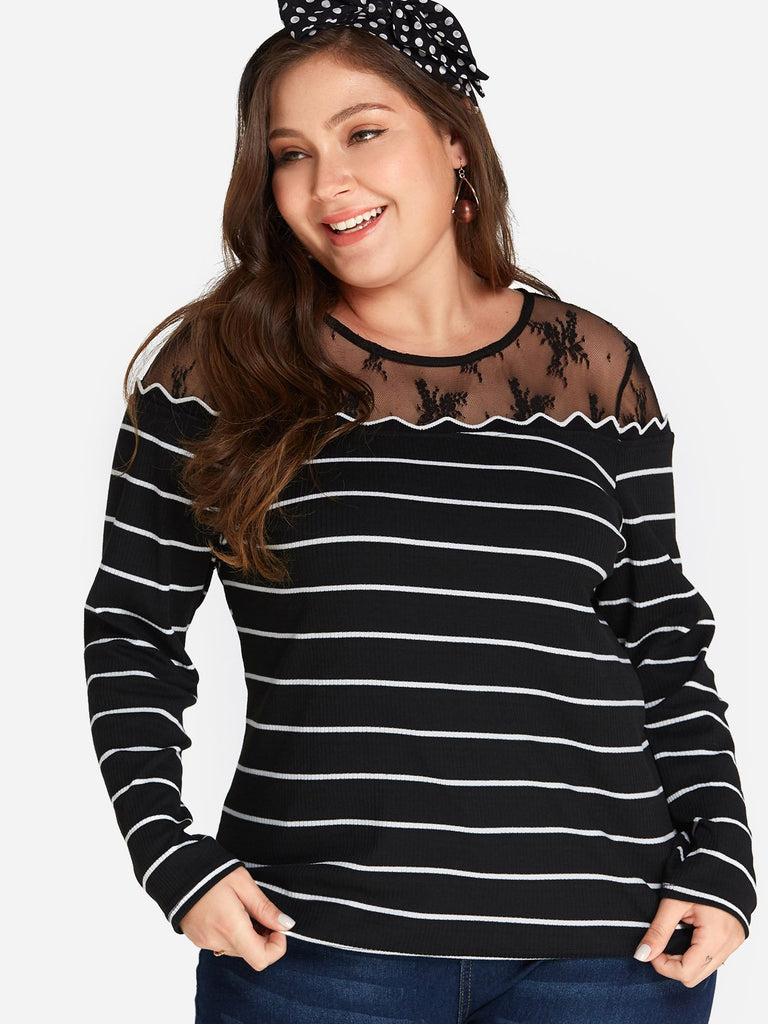 Round Neck Stripe See Through Long Sleeve Plus Size Tops