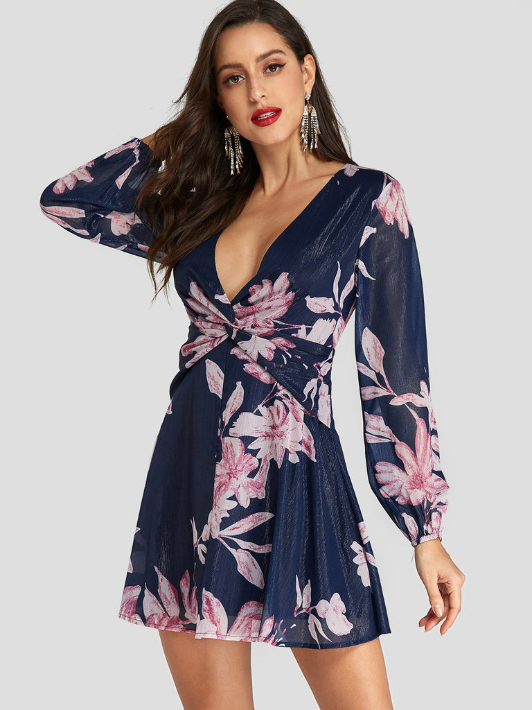 Navy Deep V Neck Long Sleeve Floral Print Twist Dresses